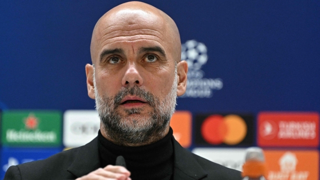 Manchester City's Spanish manager Pep Guardiola gives a press conference on the eve of their UEFA Champions League quarter final first leg football match against Real Madrid CF at the Santiago Bernabeu stadium in Madrid on April 8, 2024. (Photo by JAVIER SORIANO / AFP)