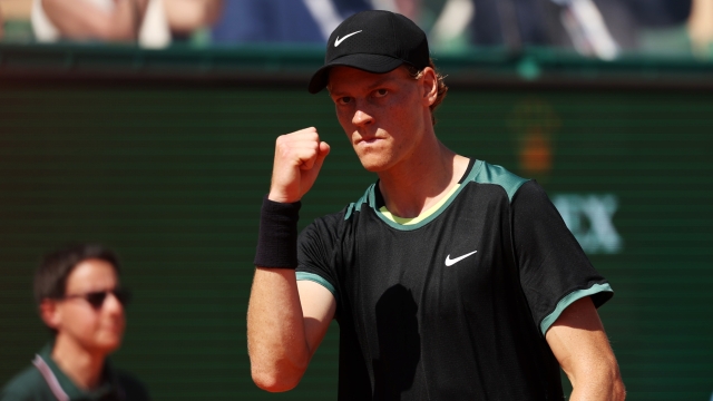 MONTE-CARLO, MONACO - APRIL 12: Jannik Sinner of Italy celebrates against Holger Rune of Denmark during the quarter-final match on day six of the Rolex Monte-Carlo Masters at Monte-Carlo Country Club on April 12, 2024 in Monte-Carlo, Monaco. (Photo by Julian Finney/Getty Images)