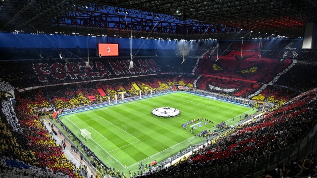 MILAN, ITALY - MAY 10: A general view as fans of AC Milan create a TIFO during the UEFA Champions League semi-final first leg match between AC Milan and FC Internazionale at San Siro on May 10, 2023 in Milan, Italy. (Photo by Diego Puletto - AC Milan/AC Milan via Getty Images)