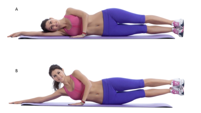 Step by step instructions for abs: Lie on right side with right arm extended straight, palm pressed into the floor and head resting on arm. Press left palm into the floor in front of chest for support.(A) Raise your legs toward the sky, stopping at about hip height, making sure to keep your foots and hip pointed completely forward. (B) Switch position for left side.