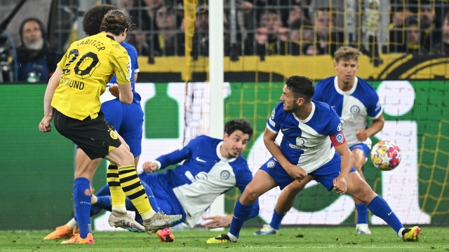 DORTMUND, GERMANY - APRIL 16: Marcel Sabitzer of Borussia Dortmund scores his team's fourth goal during the UEFA Champions League quarter-final second leg match between Borussia Dortmund and Atletico Madrid at Signal Iduna Park on April 16, 2024 in Dortmund, Germany. (Photo by Stuart Franklin/Getty Images)