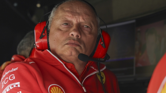 Ferrari team boss Fred Vasseur reacts qualifying for the Chinese Formula One Grand Prix at the Shanghai International Circuit, Shanghai, China, Saturday, April 20, 2024. (Andres Martinez Casares/Pool Photo via AP)