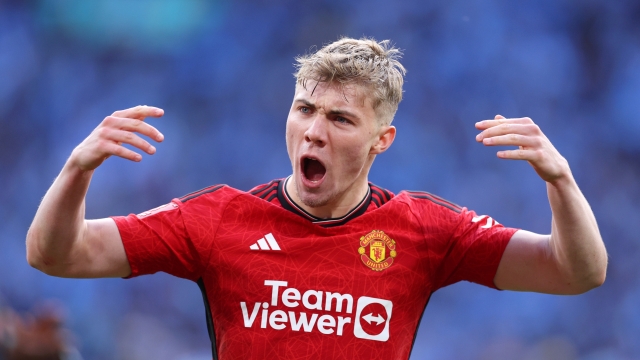 LONDON, ENGLAND - APRIL 21: Rasmus Hojlund of Manchester United celebrates after scoring the sides fifth and winning penalty in the penalty shoot out during the Emirates FA Cup Semi Final match between Coventry City and Manchester United at Wembley Stadium on April 21, 2024 in London, England. (Photo by Richard Heathcote/Getty Images)