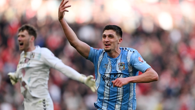 LONDON, ENGLAND - APRIL 21: Bobby Thomas of Coventry City celebrates a goal scored by teammate Victor Torp (not pictured) which was later ruled out for offside by VAR during the Emirates FA Cup Semi Final match between Coventry City and Manchester United at Wembley Stadium on April 21, 2024 in London, England. (Photo by Mike Hewitt/Getty Images)