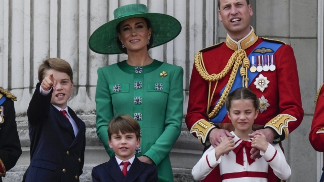 FILE - Prince William, right, Kate, Princess of Wales, centre, Princess Charlotte, bottom right, Prince George, left, and Prince Louis greet the crowd from the balcony of Buckingham Palace after the Trooping The Colour parade, in London, Saturday, June 17, 2023. The Princess of Wales has been hospitalized for planned abdominal surgery and will remain at The London Clinic for up to two weeks, Kensington Palace said Wednesday, Jan. 17, 2024. (AP Photo/Alastair Grant, file)