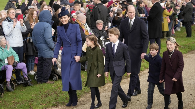 Britain's Kate, Princess of Wales, Princess Charlotte, Prince George, William, the Prince of Wales, Prince Louis and Mia Tindall arrive to attend the Christmas day service at St Mary Magdalene Church in Sandringham in Norfolk, England, Monday, Dec. 25, 2023.(AP Photo/Kin Cheung)