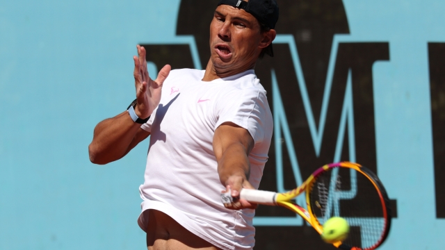 MADRID, SPAIN - APRIL 24:  Rafael Nadal of Spain returns a forehand during practice on Day Two of the Mutua Madrid Open at La Caja Magica on April 24, 2024 in Madrid, Spain.  (Photo by Clive Brunskill/Getty Images)