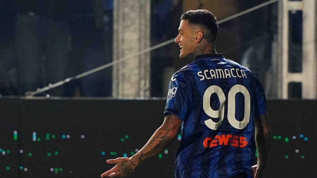 Atalanta’s Gianluca Scamacca  celebrates after scoring 2-1  during the  Coppa Italia  soccer  match between Atalanta and Fiorentina  at  Gewiss stadium  , north Italy - wednesday 24 , April , 2024. Sport - Soccer . (Photo by Spada/LaPresse)