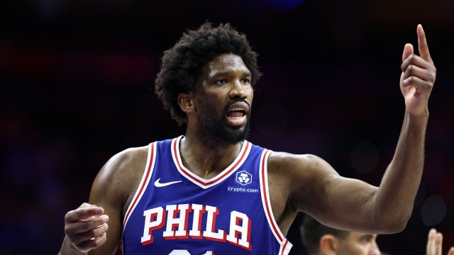 PHILADELPHIA, PENNSYLVANIA - APRIL 25: Joel Embiid #21 of the Philadelphia 76ers reacts during the fourth quarter against the New York Knicks during game three of the Eastern Conference First Round Playoffs at the Wells Fargo Center on April 25, 2024 in Philadelphia, Pennsylvania. NOTE TO USER: User expressly acknowledges and agrees that, by downloading and/or using this Photograph, user is consenting to the terms and conditions of the Getty Images License Agreement.   Tim Nwachukwu/Getty Images/AFP (Photo by Tim Nwachukwu / GETTY IMAGES NORTH AMERICA / Getty Images via AFP)