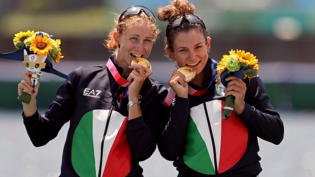 TOKYO, JAPAN - JULY 29:  Gold medalists Valentina Rodini and Federica Cesarini of Team Italy pose with their medals during the medal ceremony for the Lightweight Women's Double Sculls Final A on day six of the Tokyo 2020 Olympic Games at Sea Forest Waterway on July 29, 2021 in Tokyo, Japan. (Photo by Naomi Baker/Getty Images)