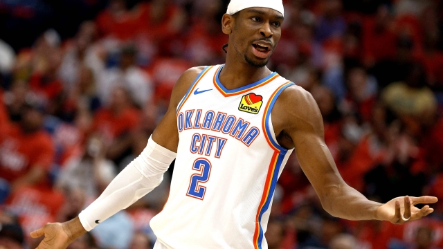 NEW ORLEANS, LOUISIANA - APRIL 27: Shai Gilgeous-Alexander #2 of the Oklahoma City Thunder reacts to a call during the first quarter of Game Three of the first round of the 2024 NBA Playoffs against the New Orleans Pelicans at Smoothie King Center on April 27, 2024 in New Orleans, Louisiana. NOTE TO USER: User expressly acknowledges and agrees that, by downloading and or using this photograph, User is consenting to the terms and conditions of the Getty Images License Agreement.   Sean Gardner/Getty Images/AFP (Photo by Sean Gardner / GETTY IMAGES NORTH AMERICA / Getty Images via AFP)