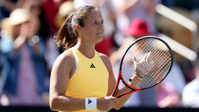 CHARLESTON, SOUTH CAROLINA - APRIL 06: Daria Kasatkina celebrates after defeating Jessica Pegula of the United States during the semifinal match on Day 6 of the WTA 500 Credit One Charleston Open 2024 at Credit One Stadium on April 06, 2024 in Charleston, South Carolina.   Elsa/Getty Images/AFP (Photo by ELSA / GETTY IMAGES NORTH AMERICA / Getty Images via AFP)