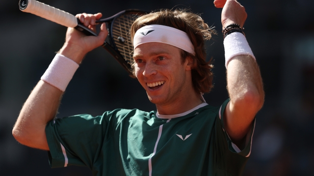 MADRID, SPAIN - MAY 03: Andrey Rublev reacts against Taylor Fritz of USA during the Men's Singles semi-final match on Day Eleven of Mutua Madrid Open at La Caja Magica on May 03, 2024 in Madrid, Spain. (Photo by Julian Finney/Getty Images)