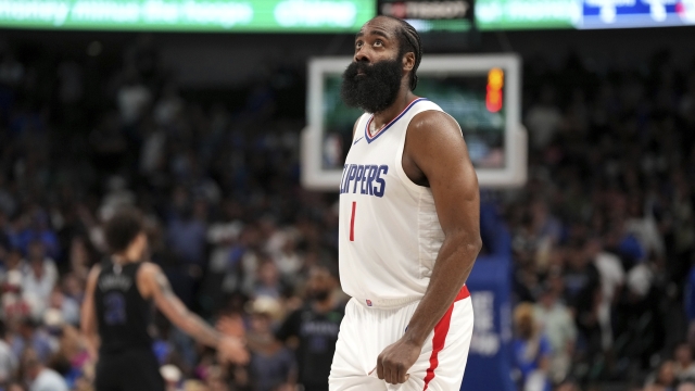Los Angeles Clippers guard James Harden (1) looks up during the fourth quarter of an NBA basketball first-round playoff series against the Dallas Mavericks Friday, May 3, 2024, in Dallas. (AP Photo/Jeffrey McWhorter)