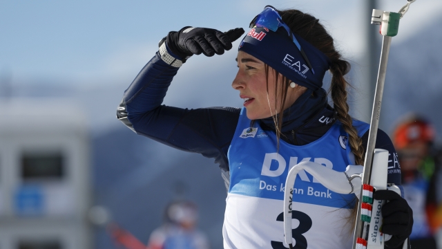 Italy's Dorothea Wierer looks ahead prior to a Biathlon, women's World Cup 12.5-kilometer short individual event, in Antholz-Anterselva Italy, Thursday, Jan.19, 2024. (AP Photo/Alessandro Trovati)