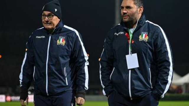 TREVISO, ITALY - MARCH 08: Massimo Brunello head coach of Italy U20 and Roberto Santamaria of Italy during the U20 Six Nations match between Italy and Scotland at Stadio comunale di Monigo on March 08, 2024 in Treviso, Italy. (Photo by Federugby/Federugby via Getty Images)