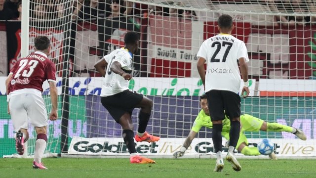 Parma?s Ange-Yoan Bonny shoots and scores the 1-1 penalty during the Italian Football Championship League BKT 2023/2024 between A.C. Reggiana and Parma Calcio at ?Mapei? stadium, Reggio Emilia, northern Italy, Friday, May 10, 2024. Sport - Soccer - (Photo Michele Nucci - LaPresse)
