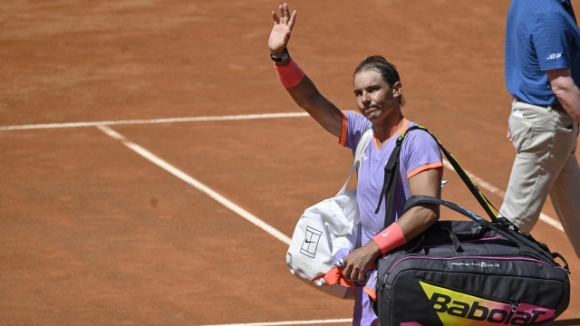 Rafael Nadal of Spain at the end of the match against Hubert Hurkacz of Poland (not pictured) during their men's singles match at the Italian Open tennis tournament in Rome, Italy, 11 May 2024. ANSA/ALESSANDRO DI MEO