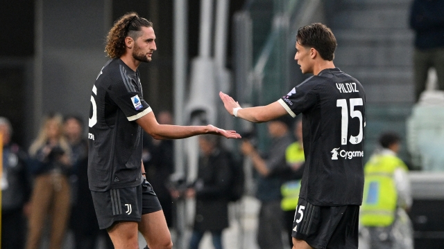 TURIN, ITALY - MAY 12: Adrien Rabiot of Juventus giving a hi-five to his teammate Kenan Yildiz during the Serie A TIM match between Juventus and US Salernitana at Allianz Stadium on May 12, 2024 in Turin, Italy. (Photo by Chris Ricco - Juventus FC/Juventus FC via Getty Images)