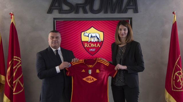 ROME, ITALY - DECEMBER 19: AS Roma CEO Lina Souloukou and IBSA President Massimiliano Licenziati attend the AS Roma New Women's Team Shirt Sponsor Unveiling at Centro Sportivo Fulvio Bernardini on December 19, 2023 in Rome, Italy. (Photo by Luciano Rossi/AS Roma via Getty Images)