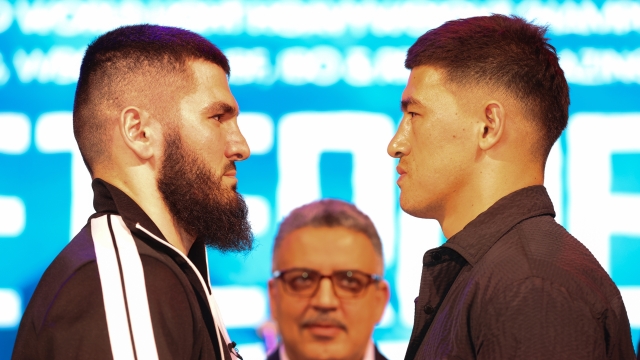 LONDON, ENGLAND - APRIL 15: Artur Beterbiev and Dmitrill Bivol face off during a press conference ahead of their WBA, WBC, IBF & WBO Light Heavyweight fight at Outernet London on April 15, 2024 in London, England. (Photo by Richard Pelham/Getty Images)