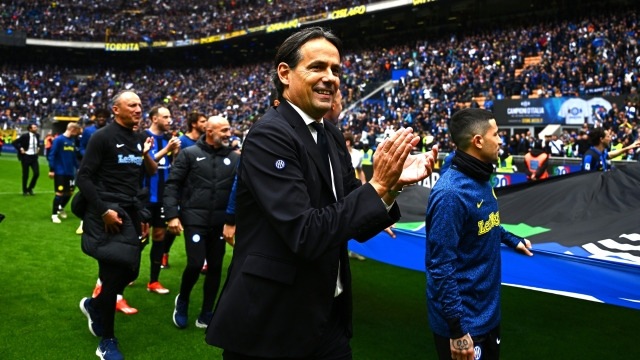 MILAN, ITALY - APRIL 28: Head coach of Inter Simone Inzaghi celebrates after winning the Serie A Tim Title after the Serie A TIM match between FC Internazionale and Torino FC at Stadio Giuseppe Meazza on April 28, 2024 in Milan, Italy. (Photo by Mattia Ozbot - Inter/Inter via Getty Images) (Photo by Mattia Ozbot - Inter/Inter via Getty Images)