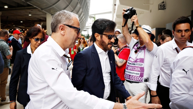 MIAMI, FLORIDA - MAY 05: Mohammed ben Sulayem, FIA President and Stefano Domenicali, CEO of the Formula One Group in the Paddock prior to the F1 Grand Prix of Miami at Miami International Autodrome on May 05, 2024 in Miami, Florida.   Chris Graythen/Getty Images/AFP (Photo by Chris Graythen / GETTY IMAGES NORTH AMERICA / Getty Images via AFP)