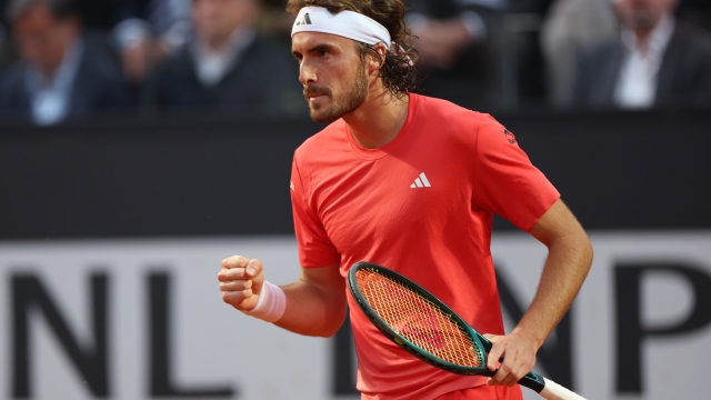 ROME, ITALY - MAY 14: Stefanos Tsitsipas of Greece celebrates match point against Alex de Minaur of Australia during their Men's Singles Fourth Round Match on Day Nine of Internazionali BNL D'Italia at Foro Italico on May 14, 2024 in Rome, Italy. (Photo by Dan Istitene/Getty Images)