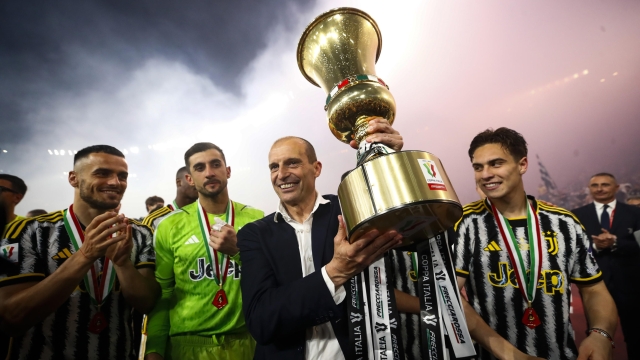 JuventusÕ coach Massimiliano Allegri celebrate with the trophy during the winning ceremony after Coppa Italia final the Italian Cup (Coppa Italia) final soccer match between Atalanta BC and Juventus FC at the Olimpico stadium in Rome, Italy, 15 May 2024. ANSA/ANGELO CARCONI