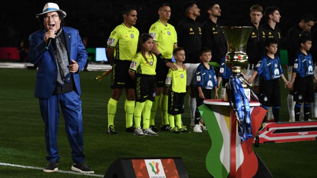 Italian singer Al Bano sings the Italian national anthem prior the Italian Cup Final between Atalanta and Juventus at the Olympic stadium in Rome on May 15, 2024. (Photo by Isabella BONOTTO / AFP)