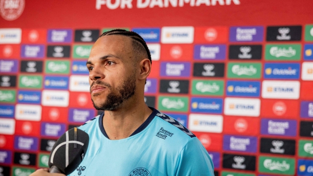 Denmark's Martin Braithwaite addresses the media in Helsingoer, Denmark, on June 14, 2023 ahead of the UEFA Euro 2024 qualifiers. Denmark will play qualifying matches in the 1st round Group H against Northern Ireland on June 16, 2023 in Copenhagen, and against Slovenia on June 19, 2023 in Ljubljana. (Photo by Nikolai Linares / Ritzau Scanpix / AFP) / Denmark OUT