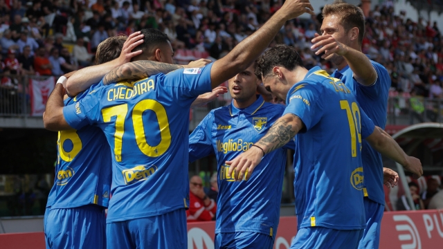 Frosinone's players celebrate the goal scored by Frosinone's forward Walid Cheddira during the Italian Serie A soccer match between AC Monza and Frosinone at U-Power Stadium in Monza, Italy, 19 May 2024. ANSA / ROBERTO BREGANI