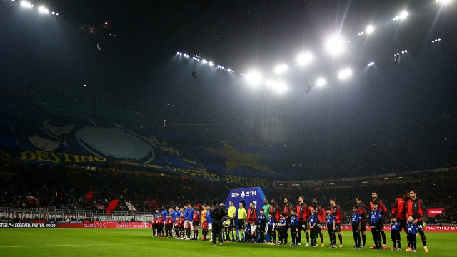 line up before the Serie A soccer  match between Milan and Inter  at  San Siro stadium   , north Italy - Monday  22 , April , 2024. Sport - Soccer . (Photo by Spada/LaPresse)