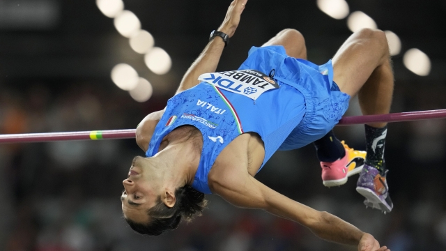Gianmarco Tamberi, of Italy, makes an attempt in the Men's high jump final during the World Athletics Championships in Budapest, Hungary, Tuesday, Aug. 22, 2023. (AP Photo/Ashley Landis)