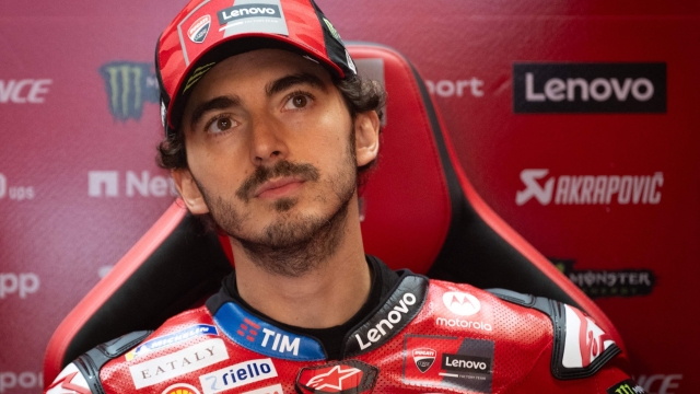 Ducati Italian rider Francesco Bagnaia is pictured in the box during the second MotoGP free practice session of the Moto Grand Prix of Catalonia at the Circuit de Catalunya on May 25, 2024 in Montmelo on the outskirts of Barcelona. (Photo by Josep LAGO / AFP)