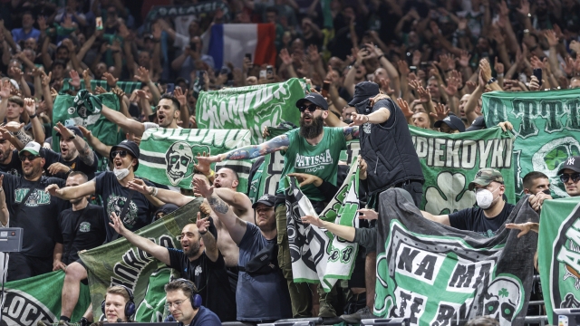 Fans of Panathinaikos Athens cheer after the victory in the final round of the basketball Euroleague semifinal between Panathinaikos Athens and Fenerbahce Istanbul, at the Uber Arena in Berlin, Friday May 24, 2024. (Andreas Gora/dpa via AP)