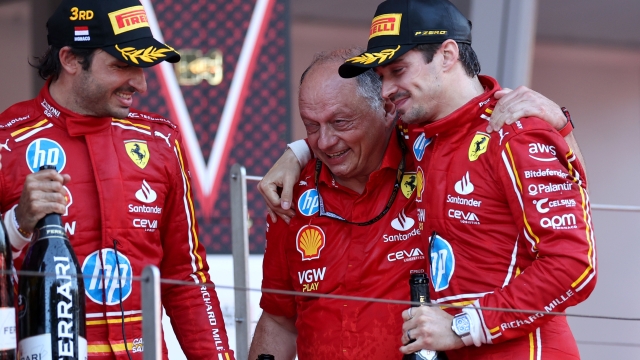 MONTE-CARLO, MONACO - MAY 26: Race winner Charles Leclerc of Monaco and Ferrari, Third placed Carlos Sainz of Spain and Ferrari and Ferrari Team Principal Frederic Vasseur celebrate on the podium during the F1 Grand Prix of Monaco at Circuit de Monaco on May 26, 2024 in Monte-Carlo, Monaco. (Photo by Ryan Pierse/Getty Images)