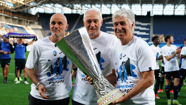 Atalanta?s Giampero Gasperini , Antonio Percassi , Luca Percassi celebrate winning the Europa League  after the Serie A soccer match between Atalanta  and Torino at the Gewiss Stadium  , north Italy - Sunday 26 May , 2024. Sport - Soccer . (Photo by Spada/LaPresse)