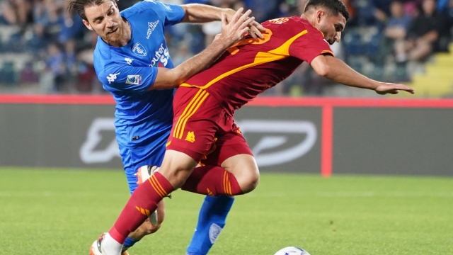 Roma’s Houssem Eddine Aouar fight for the ball with Empoli’s Simone Bastoni during the Serie A soccer match between Empoli and Roma at the “Carlo Castellani - Computer Gross Arena” Stadium in Empoli (FI), center of Italy - Sunday, May 26, 2024. Sport - Soccer (Photo by Marco Bucco/La Presse)