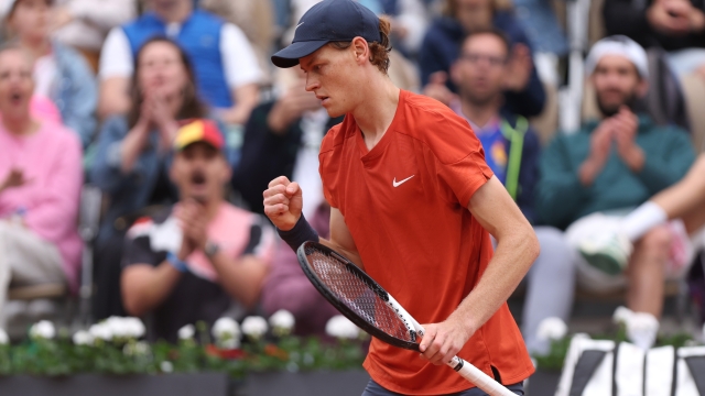 PARIS, FRANCE - MAY 27: Jannik Sinner of Italy celebrates a point against Christopher Eubanks of United States in the Men's Singles first round match  on Day Two of the 2024 French Open at Roland Garros on May 27, 2024 in Paris, France. (Photo by Dan Istitene/Getty Images)