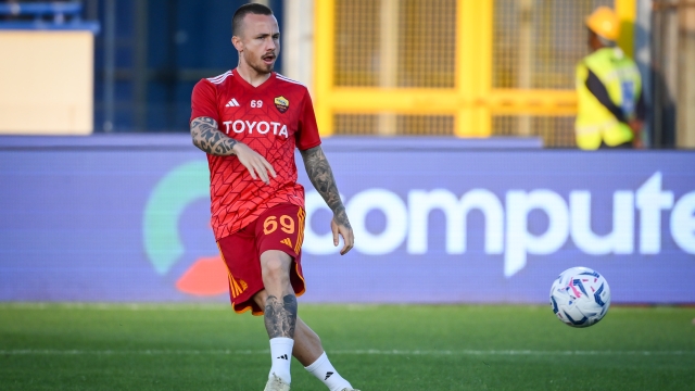 EMPOLI, ITALY - MAY 26: AS Roma player Angelino warm-up prior the Serie A TIM match between Empoli FC and AS Roma at Stadio Carlo Castellani on May 26, 2024 in Empoli, Italy. (Photo by Fabio Rossi/AS Roma via Getty Images)