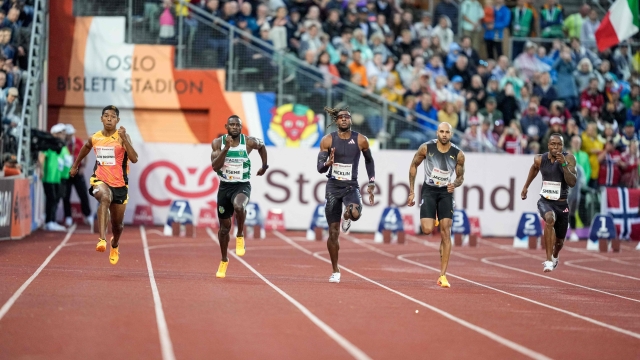 Japanese Abdul Hakim Sani Brown, Emmanuel Eseme from Cameroon, US Brandon Hicklin, Italian Lamont Marcell Jacobs and Akani Simbine from South Africa compete during the men's 5000 meters event of the Oslo Diamond League Bislett Games 2024 at Bislett Stadium in Oslo, Norway on May 30, 2024. (Photo by Heiko Junge / NTB / AFP) / Norway OUT