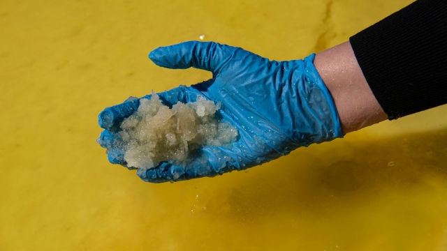 (FILES) A worker displays 9% lithium from a sample pool at Chilean company SQM's (Sociedad Quimica Minera) lithium mine in the Atacama Desert, Calama, Chile, on September 12, 2022. Chile announced on April 15, 2024, that it expects to develop three to five new lithium projects over the next two years as part of a strategy to double its current production of the mineral. As the second-largest producer of lithium worldwidea crucial component in electric vehicle battery productionChile has formally initiated the process for private investors, both Chilean and foreign, to demonstrate their interest in developing lithium projects across 26 salt flats. These flats encompass 18% of the country's saline territory in South America. (Photo by Martin BERNETTI / AFP)