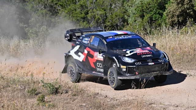 France's Sebastien Ogier and co-driver France's Vincent Landais steer their Toyota GR Yaris Rally1 Hybrid, on June 1, 2024 during the SS6 special between Tula and Erula of the Rally of Sardegna, 5th round of the FIA World Rally Championship. (Photo by Andreas SOLARO / AFP)