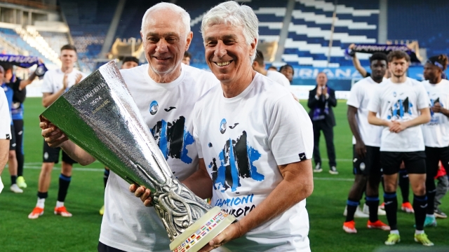 Atalanta?s Giampero Gasperini , Antonio Percassi  celebrate winning the Europa League  after the Serie A soccer match between Atalanta  and Torino at the Gewiss Stadium  , north Italy - Sunday 26 May , 2024. Sport - Soccer . (Photo by Spada/LaPresse)