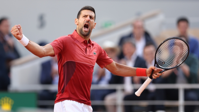 PARIS, FRANCE - JUNE 03: Novak Djokovic of Serbia celebrates a point against Francisco Cerundolo of Argentina in the Men's Singles fourth round match during Day Nine of the 2024 French Open at Roland Garros on June 03, 2024 in Paris, France. (Photo by Clive Brunskill/Getty Images)