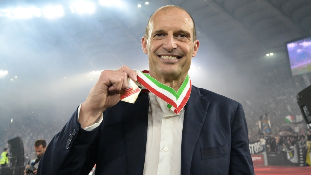 Juventus’ head coach Massimiliano Allegri celebrates the victory of the Italian Cup final soccer match between Atalanta and Juventus at Rome's Olympic Stadium, Italy, Wednesday, May 15, 2024. (Alfredo Falcone/LaPresse)