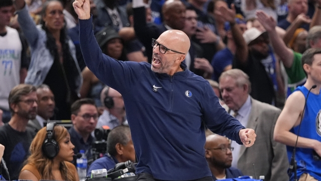 Dallas Mavericks head coach Jason Kidd celebrates a scores against the Minnesota Timberwolves during the second half in Game 3 of the NBA basketball Western Conference finals, Sunday, May 26, 2024, in Dallas. (AP Photo/Julio Cortez)