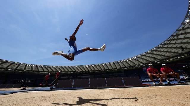 ROME, ITALY - JUNE 07: Mattia Furlani of Team Italy competes during the Men's Long Jump Qualification Group B on day one of the 26th European Athletics Championships - Rome 2024 at Stadio Olimpico on June 07, 2024 in Rome, Italy.  (Photo by Michael Steele/Getty Images)