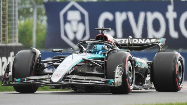 Mercedes' British driver George Russell races during the qualifying session for the 2024 Canada Formula One Grand Prix at Circuit Gilles-Villeneuve in Montreal, Canada, on June 8, 2024. (Photo by Geoff Robins / AFP)